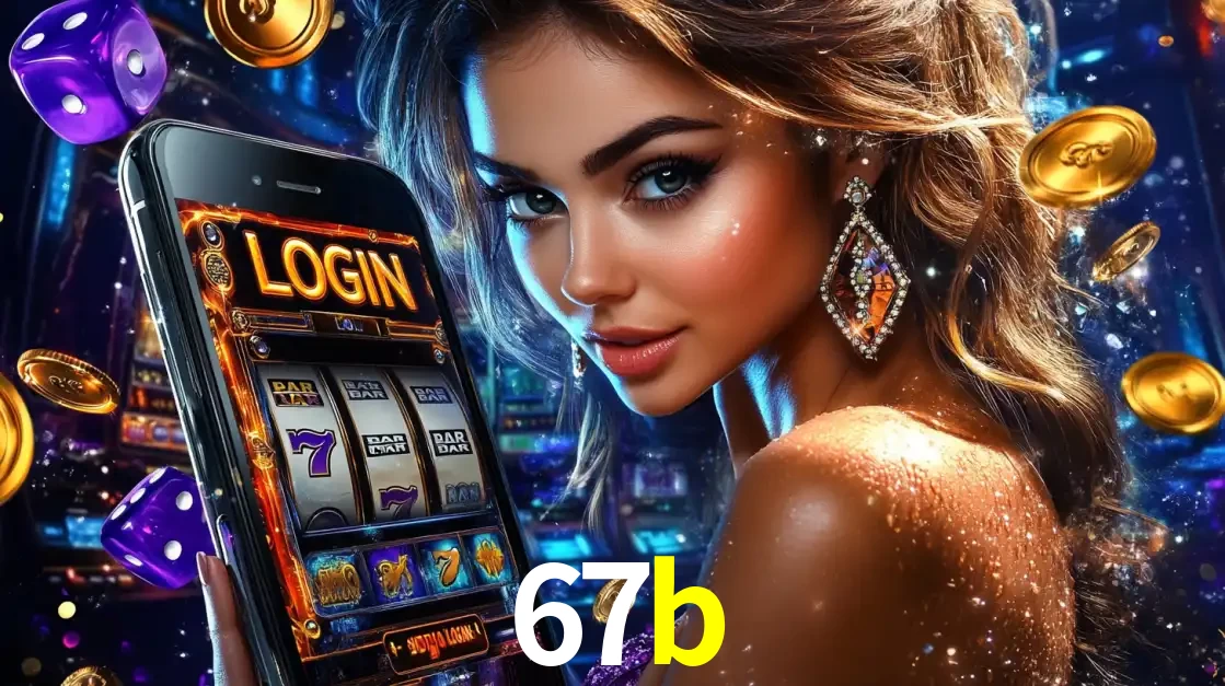 Mulher glamorosa segurando um smartphone com a tela de login para os jogos de caça-níqueis do cassino online 67b, com moedas de ouro e dados ao redor.