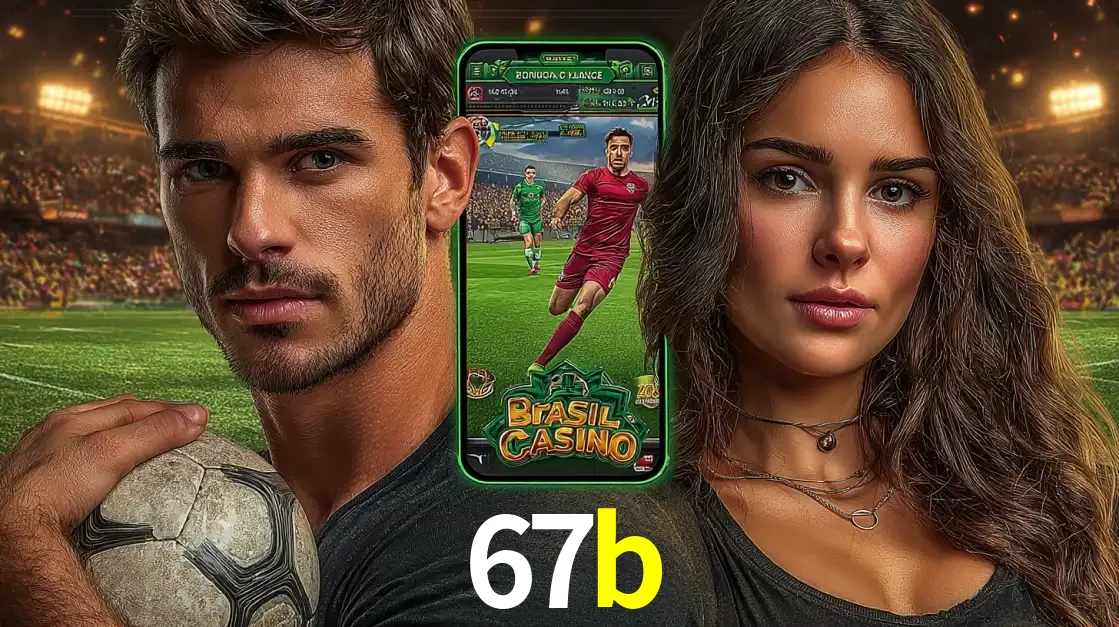 Homem segurando uma bola de futebol e uma mulher ao lado de um smartphone exibindo o jogo de apostas esportivas da 67b. Faça seu palpite no cassino online.